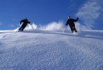 Two People Downhill Skiing